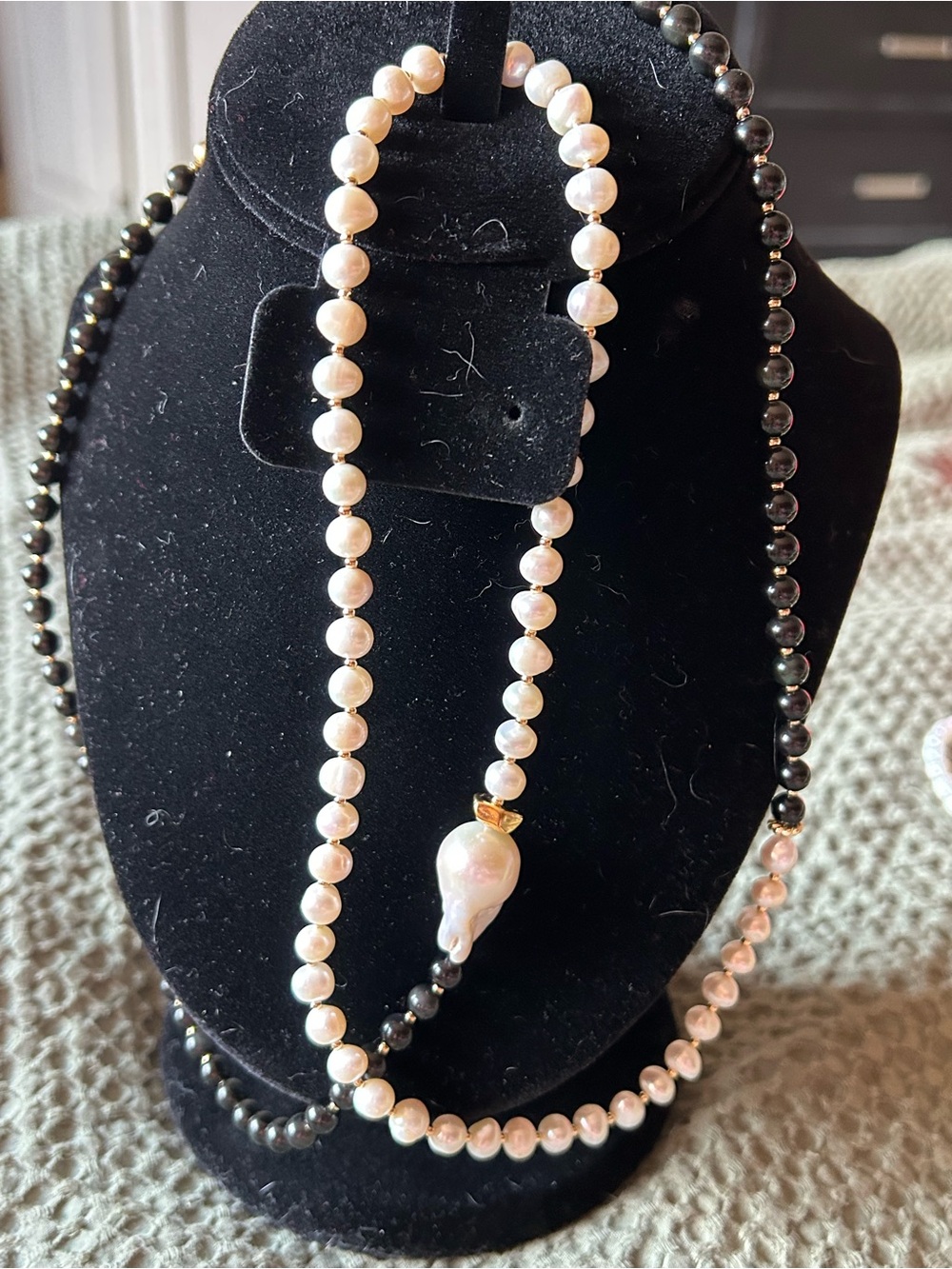 2 Layered Cultured Pearl/Baroque pearl/Black Bead Heart-Lock Necklaces by Farra - Picture 6 of 10